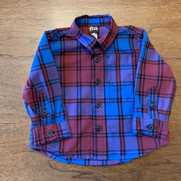 Tea Collection Blue Plaid Button Up Baby Shirt 100% Cotton 6-9M - Picture 1 of 8